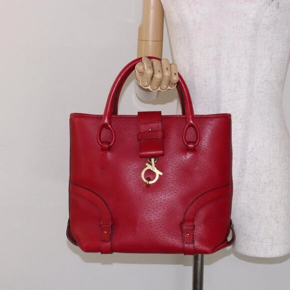 Salvatore Ferragamo Gancini Hand Bag Leather Red Gold Auth 135928 - Picture 1 of 15